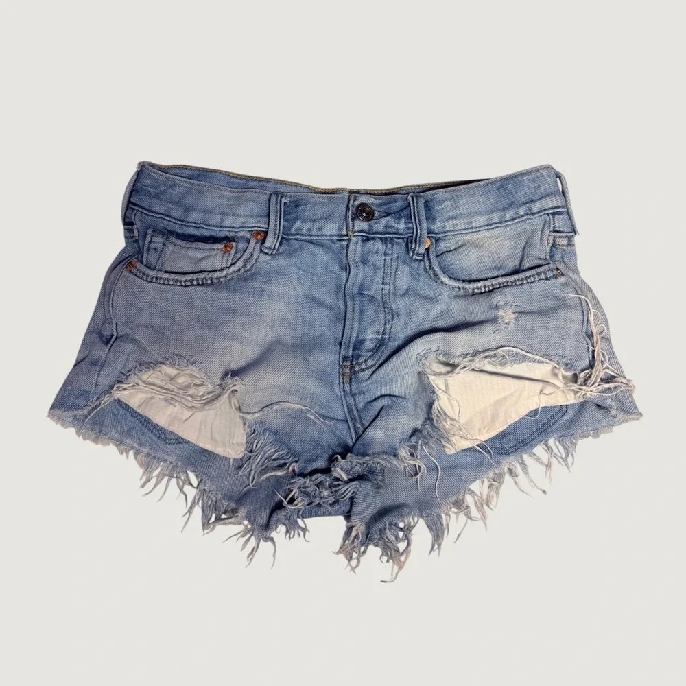 We The Free Free People Light Wash Distressed Denim Micro Mini Shorts  #16